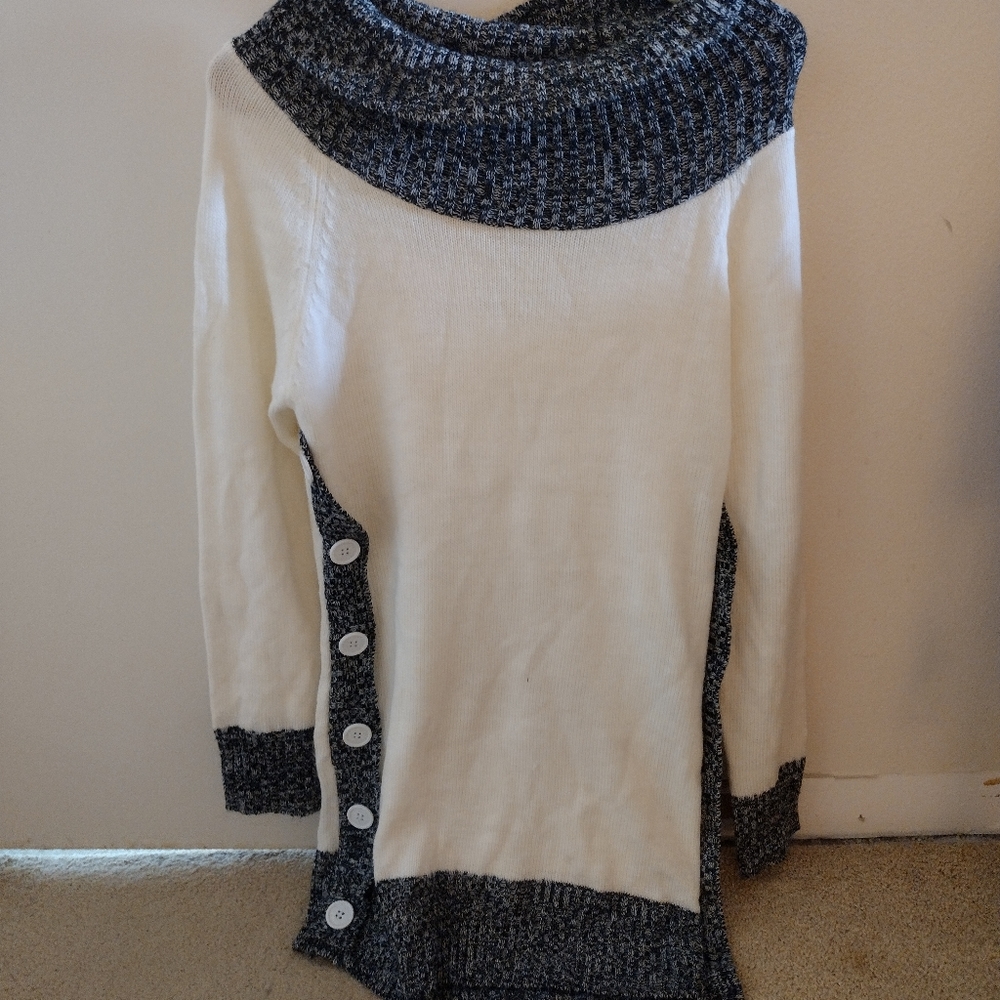 White and grey turtleneck mini sweater dress